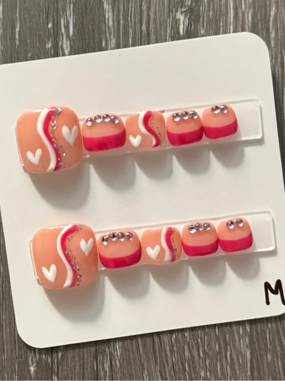Peach & Hot Pink Heart Accent Press-On Toe Nails with Rhinestones